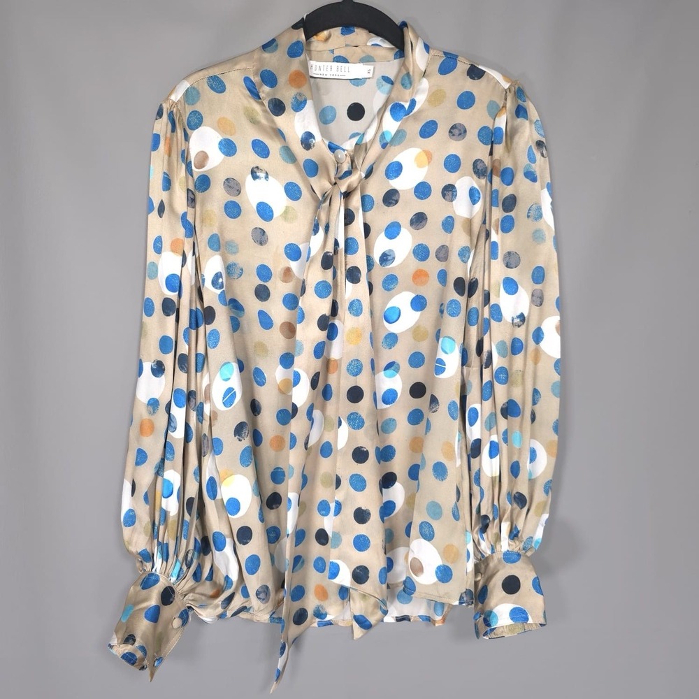 HUNTER BELL Top Blouse XS 100% SILK Bow Neck Polka Dot Button Down High Neck